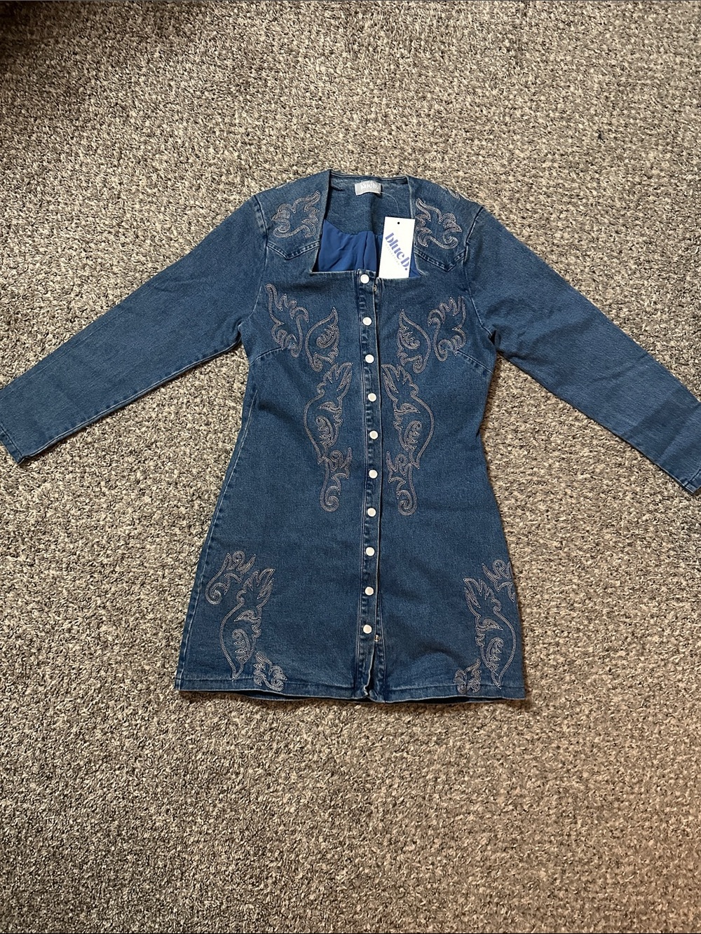 Denim Button-Front Embroidered Dress Jacket - Blue